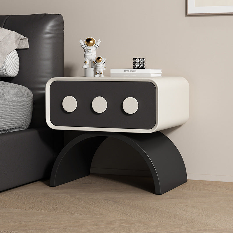 Contemporary Scandinavian Rectangle Solid Wood Multi-layer Board Pine Wood Faux Leather Carbon Steel Nightstand 1-Drawer For Bedroom