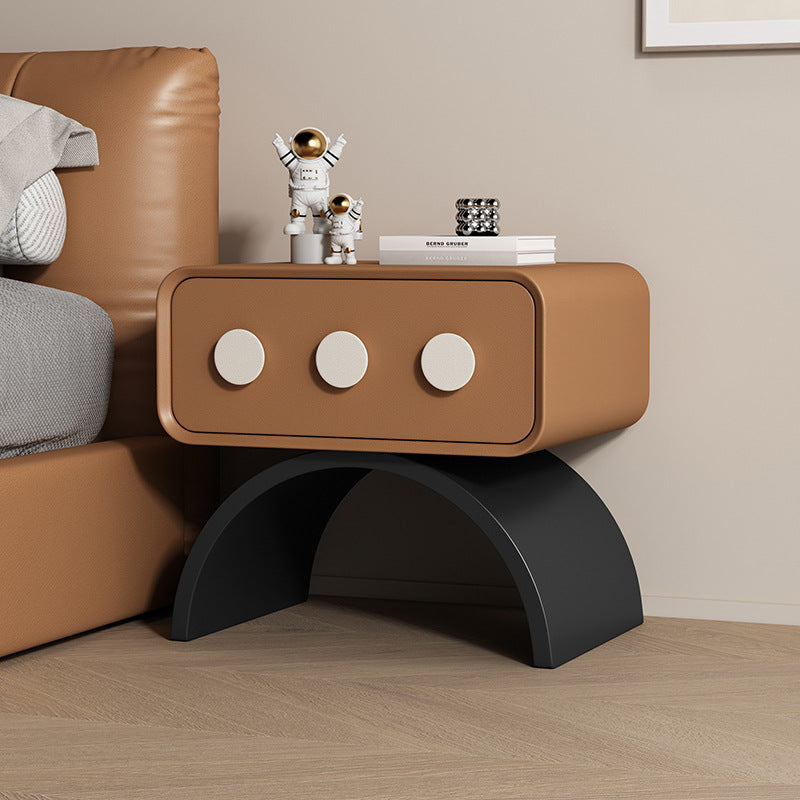 Contemporary Scandinavian Rectangle Solid Wood Multi-layer Board Pine Wood Faux Leather Carbon Steel Nightstand 1-Drawer For Bedroom