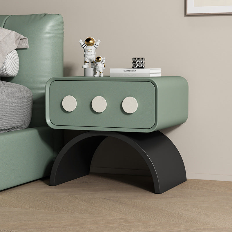 Contemporary Scandinavian Rectangle Solid Wood Multi-layer Board Pine Wood Faux Leather Carbon Steel Nightstand 1-Drawer For Bedroom