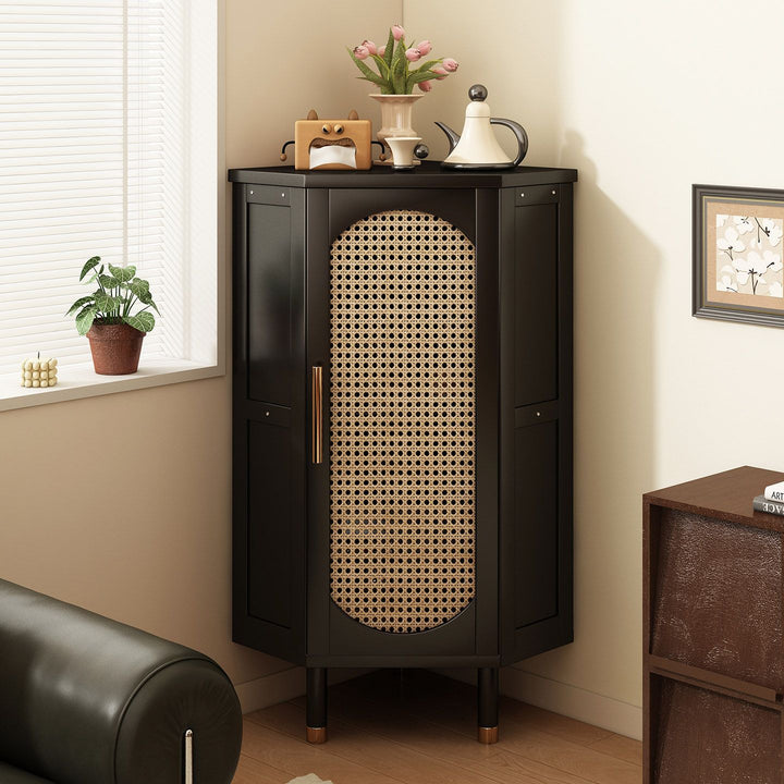 Modern Minimalist Triangle Rectangular Nan Bamboo Glass Fiberboard Weaving Corner Storage Cabinet 1-Drawer For Bedroom