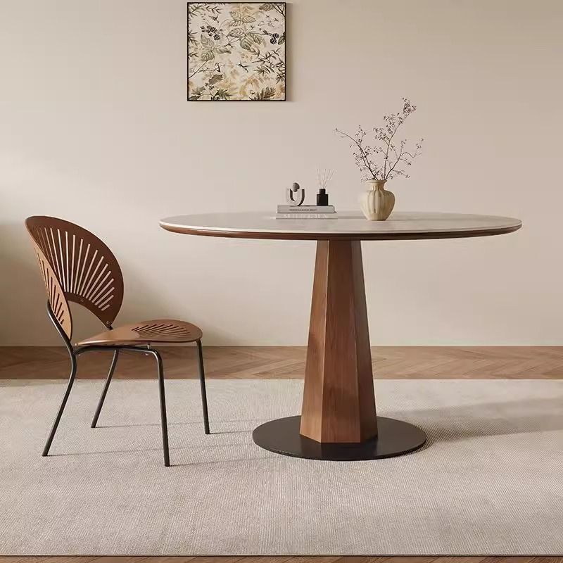 Modern Minimalist Round Sintered Stone Ash Wood Dining Table For 4/5 Seats