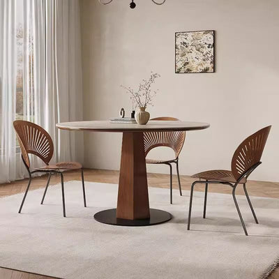 Modern Minimalist Round Sintered Stone Ash Wood Dining Table For 4/5 Seats