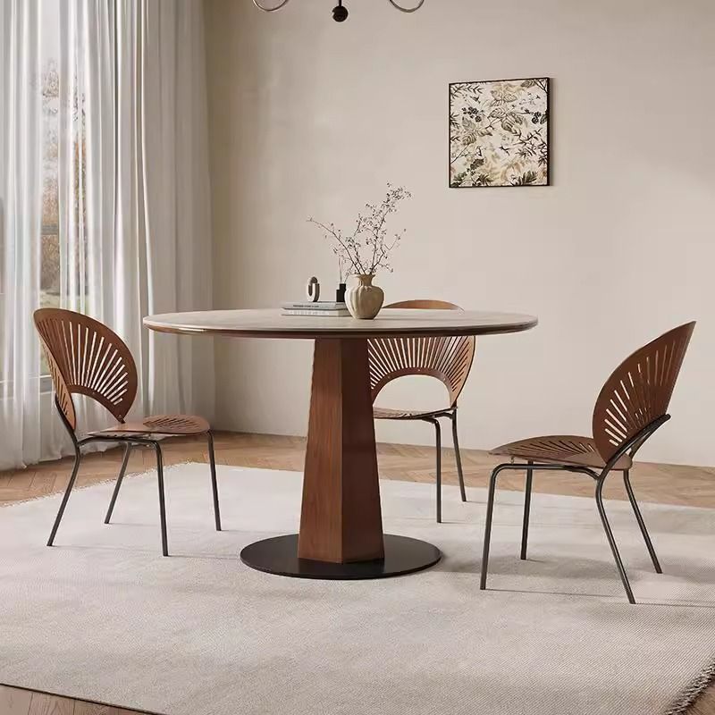 Modern Minimalist Round Sintered Stone Ash Wood Dining Table For 4/5 Seats