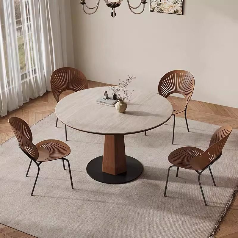 Modern Minimalist Round Sintered Stone Ash Wood Dining Table For 4/5 Seats