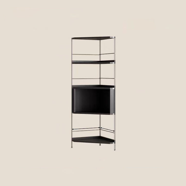 Moderner minimalistischer Eckregal-Ständer aus Spanplatte und Stahl, rechteckig, 5 Ebenen, für das Wohnzimmer 