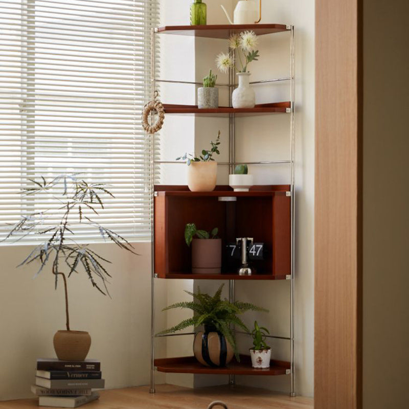 Moderner minimalistischer Eckregal-Ständer aus Spanplatte und Stahl, rechteckig, 5 Ebenen, für das Wohnzimmer 
