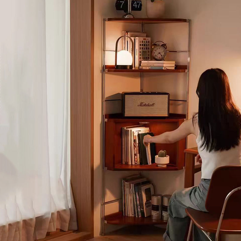Moderner minimalistischer Eckregal-Ständer aus Spanplatte und Stahl, rechteckig, 5 Ebenen, für das Wohnzimmer 