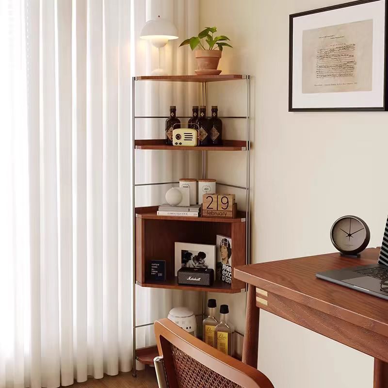 Moderner minimalistischer Eckregal-Ständer aus Spanplatte und Stahl, rechteckig, 5 Ebenen, für das Wohnzimmer 