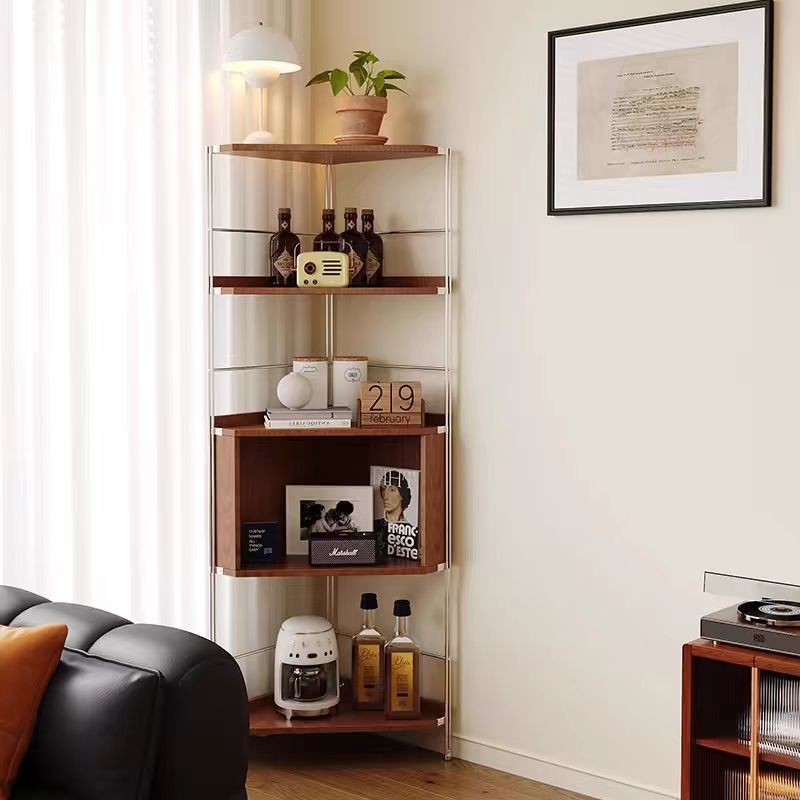 Moderner minimalistischer Eckregal-Ständer aus Spanplatte und Stahl, rechteckig, 5 Ebenen, für das Wohnzimmer 