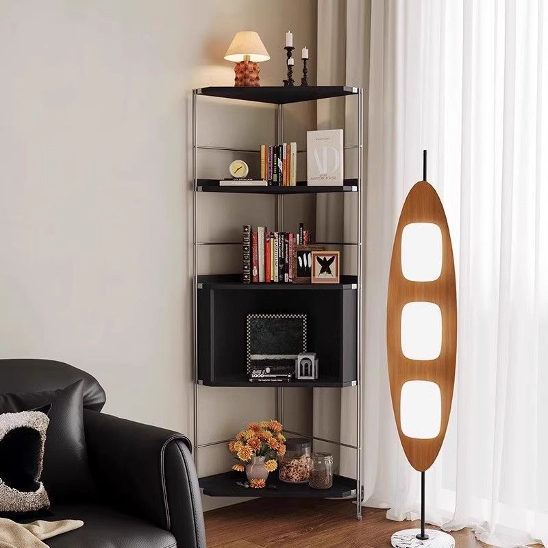 Moderner minimalistischer Eckregal-Ständer aus Spanplatte und Stahl, rechteckig, 5 Ebenen, für das Wohnzimmer 