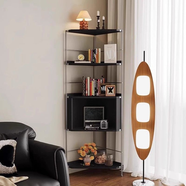 Moderner minimalistischer Eckregal-Ständer aus Spanplatte und Stahl, rechteckig, 5 Ebenen, für das Wohnzimmer 