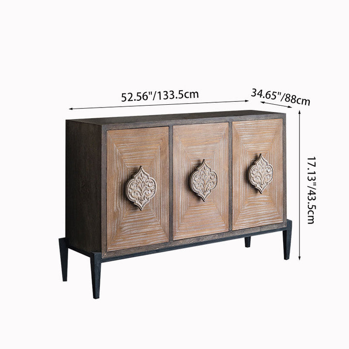 Traditional Vintage Iron & Pine Rectangular Console Table With 3-Cabinet Storage For Entryways & Living Room