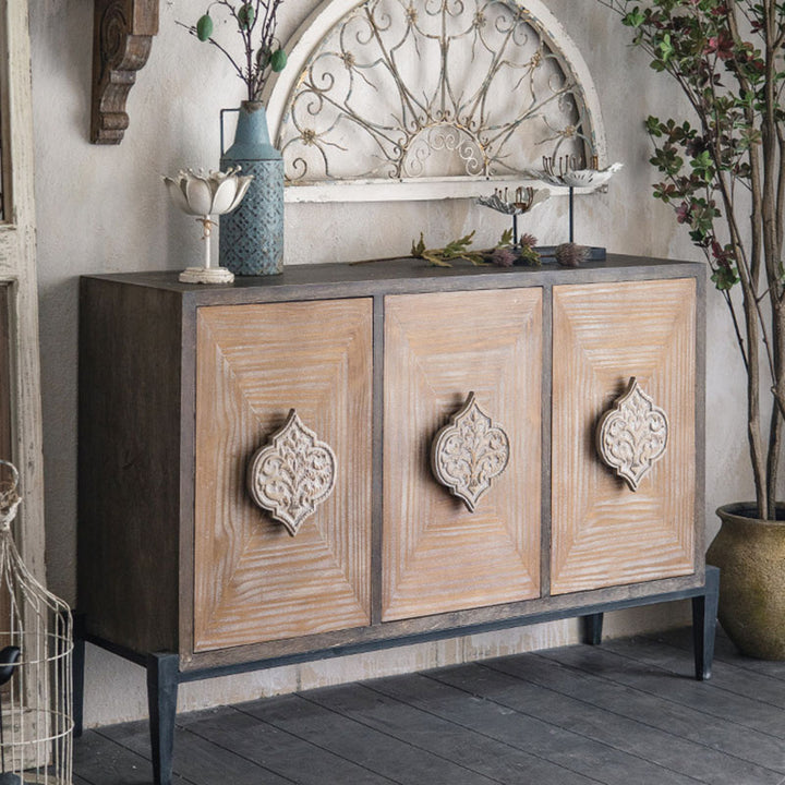 Traditional Vintage Iron & Pine Rectangular Console Table With 3-Cabinet Storage For Entryways & Living Room