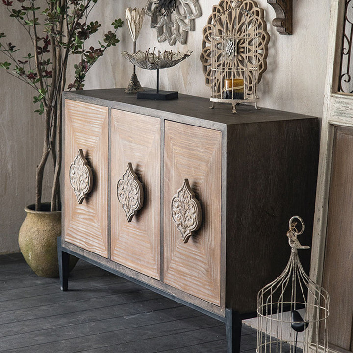 Traditional Vintage Iron & Pine Rectangular Console Table With 3-Cabinet Storage For Entryways & Living Room