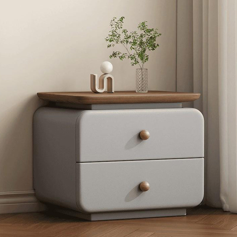 Contemporary Scandinavian Solid Wood Multi-layer Board &amp; Microfiber Leather Rectangular Nightstand 2-Drawer Storage For Bedroom