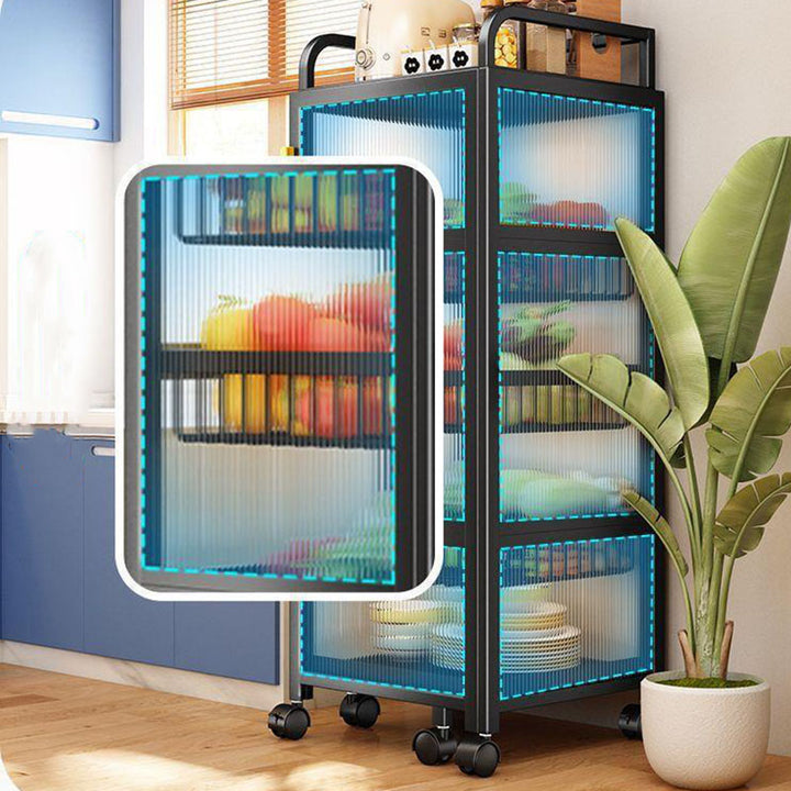 Modern Minimalist Carbon Steel &amp; Glass Rectangular Storage Shelf With 5-Tier Rotating Shelves For Bedroom &amp; Living Room