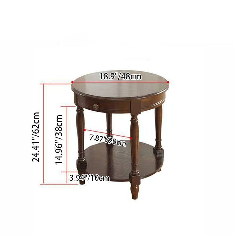 Traditional Chinese Round Solid Wood Solid Wood Multi-layer Board Side Table With 2-Tier Design And Single Drawer For Living Room &amp; Bedroom