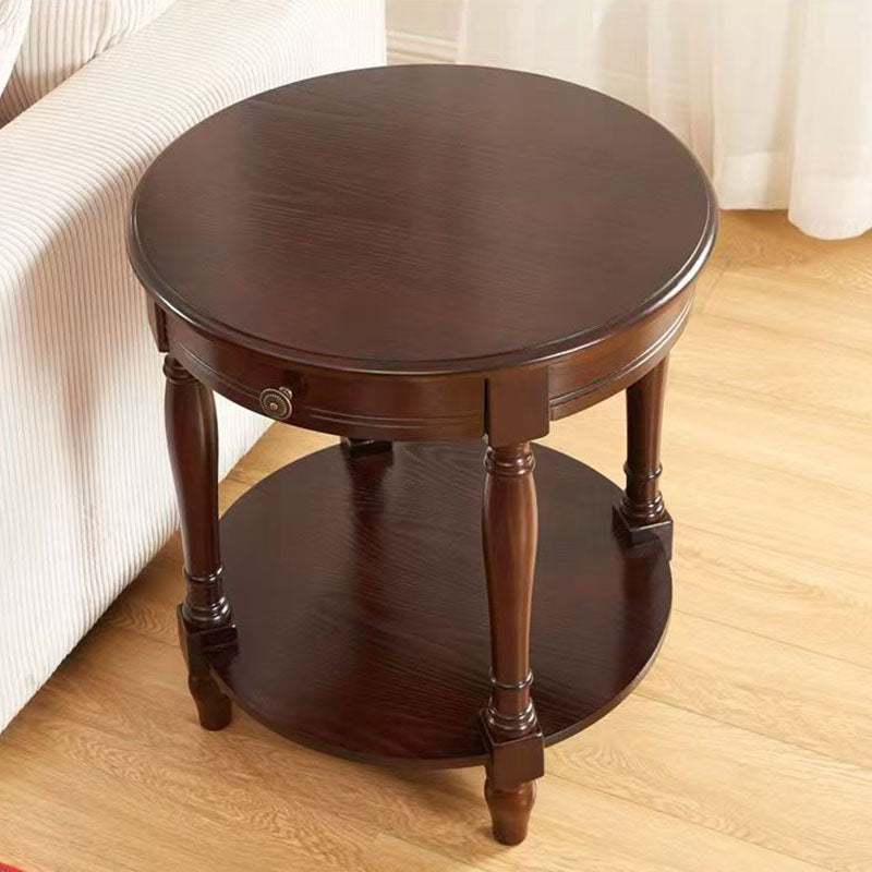 Traditional Chinese Round Solid Wood Solid Wood Multi-layer Board Side Table With 2-Tier Design And Single Drawer For Living Room &amp; Bedroom