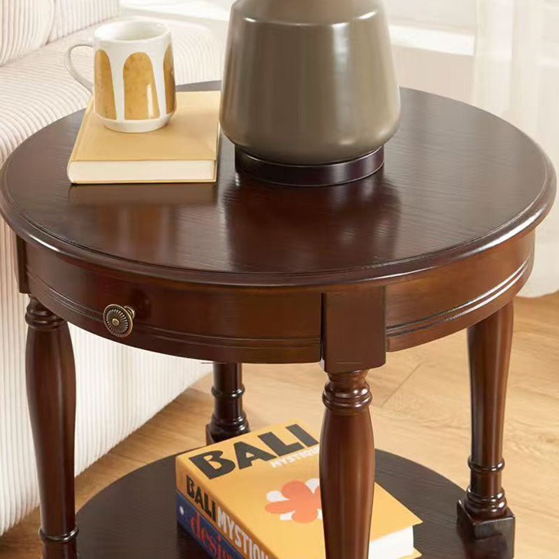 Traditional Chinese Round Solid Wood Solid Wood Multi-layer Board Side Table With 2-Tier Design And Single Drawer For Living Room &amp; Bedroom