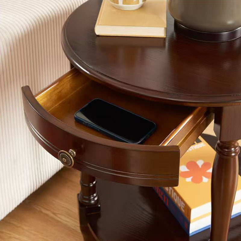 Traditional Chinese Round Solid Wood Solid Wood Multi-layer Board Side Table With 2-Tier Design And Single Drawer For Living Room &amp; Bedroom