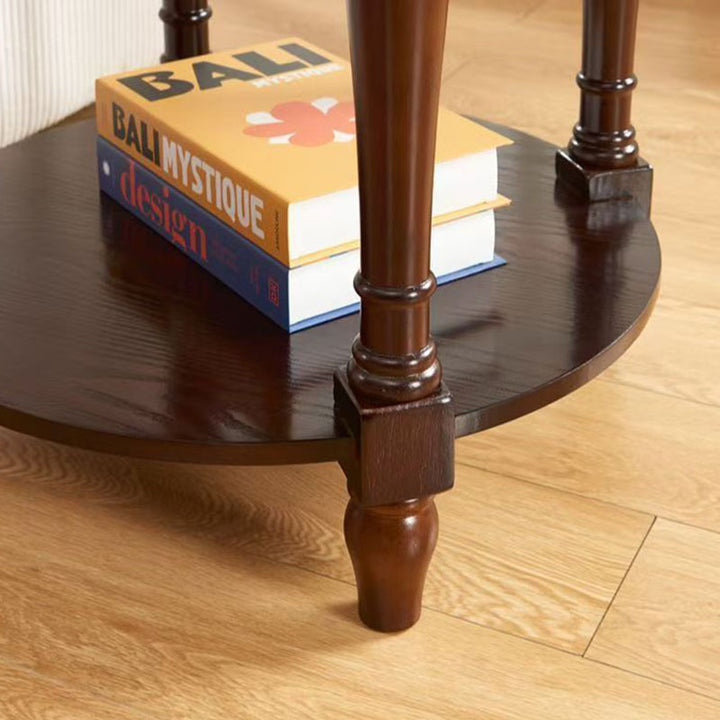 Traditional Chinese Round Solid Wood Solid Wood Multi-layer Board Side Table With 2-Tier Design And Single Drawer For Living Room &amp; Bedroom