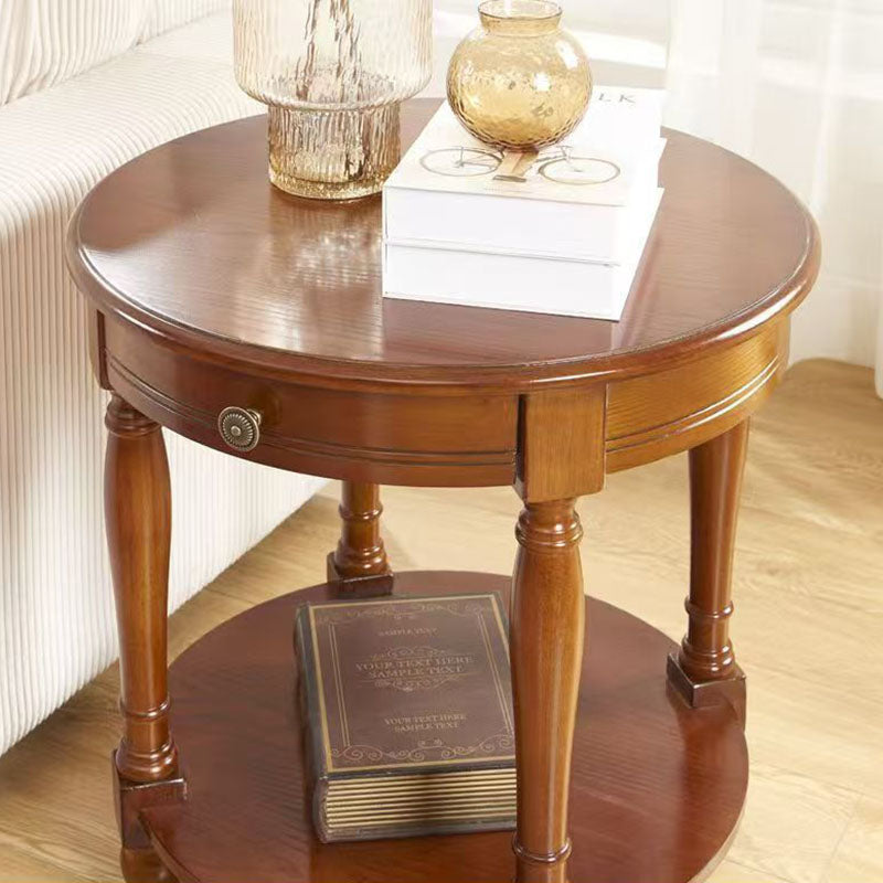Traditional Chinese Round Solid Wood Solid Wood Multi-layer Board Side Table With 2-Tier Design And Single Drawer For Living Room &amp; Bedroom