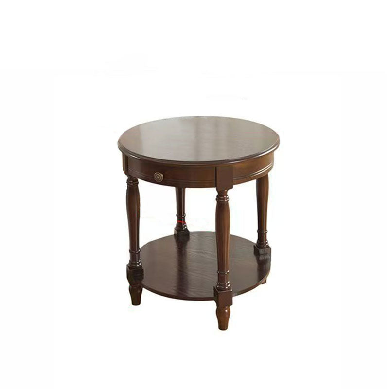 Traditional Chinese Round Solid Wood Solid Wood Multi-layer Board Side Table With 2-Tier Design And Single Drawer For Living Room &amp; Bedroom