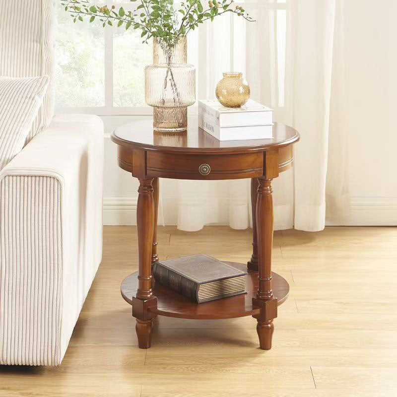 Traditional Chinese Round Solid Wood Solid Wood Multi-layer Board Side Table With 2-Tier Design And Single Drawer For Living Room &amp; Bedroom