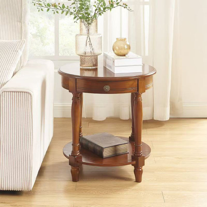 Traditional Chinese Round Solid Wood Solid Wood Multi-layer Board Side Table With 2-Tier Design And Single Drawer For Living Room &amp; Bedroom