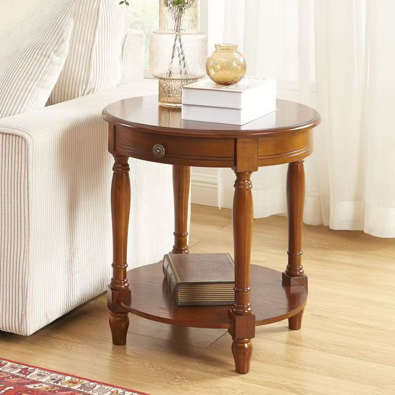 Traditional Chinese Round Solid Wood Solid Wood Multi-layer Board Side Table With 2-Tier Design And Single Drawer For Living Room &amp; Bedroom