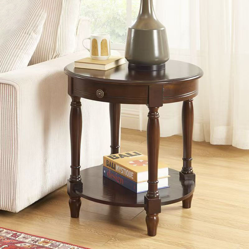 Traditional Chinese Round Solid Wood Solid Wood Multi-layer Board Side Table With 2-Tier Design And Single Drawer For Living Room &amp; Bedroom