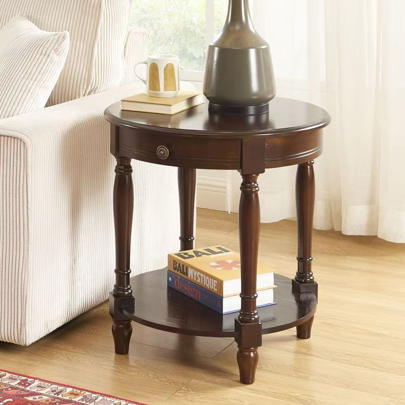 Traditional Chinese Round Solid Wood Solid Wood Multi-layer Board Side Table With 2-Tier Design And Single Drawer For Living Room &amp; Bedroom