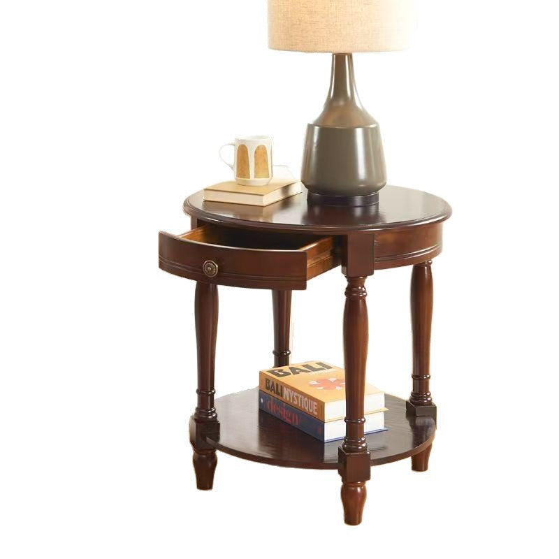 Traditional Chinese Round Solid Wood Solid Wood Multi-layer Board Side Table With 2-Tier Design And Single Drawer For Living Room &amp; Bedroom