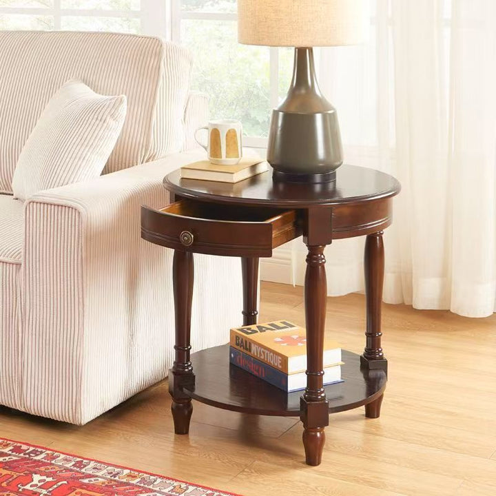 Traditional Chinese Round Solid Wood Solid Wood Multi-layer Board Side Table With 2-Tier Design And Single Drawer For Living Room &amp; Bedroom