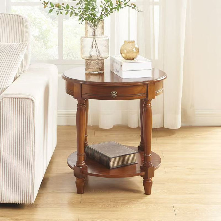 Traditional Chinese Round Solid Wood Solid Wood Multi-layer Board Side Table With 2-Tier Design And Single Drawer For Living Room &amp; Bedroom