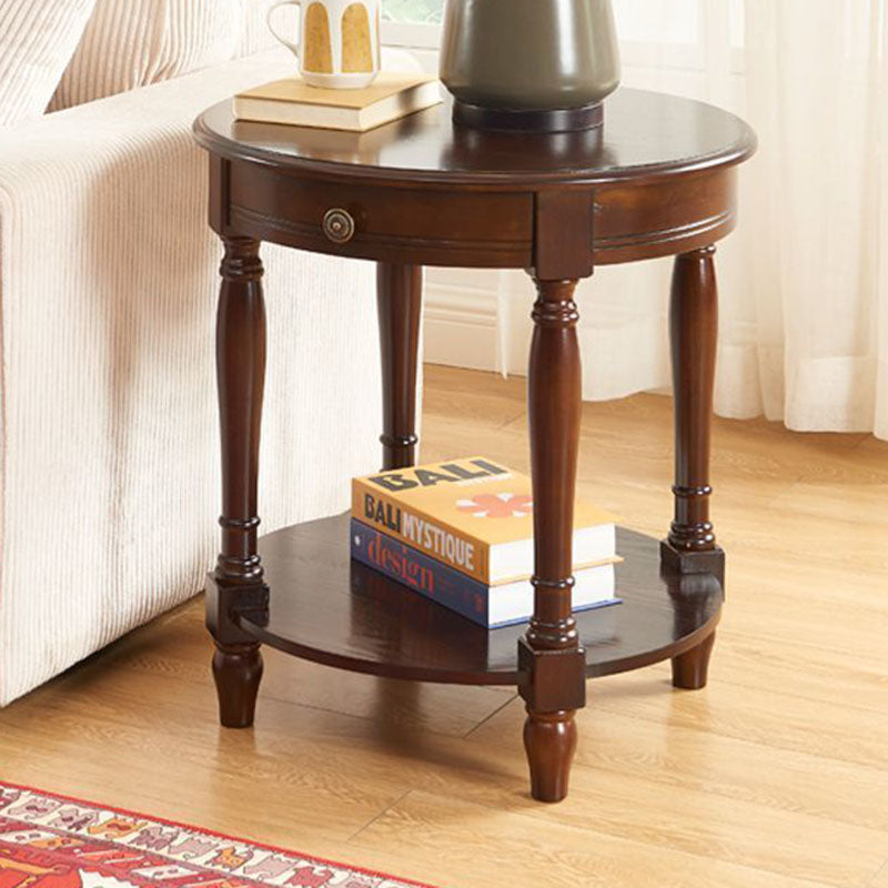 Traditional Chinese Round Solid Wood Solid Wood Multi-layer Board Side Table With 2-Tier Design And Single Drawer For Living Room &amp; Bedroom