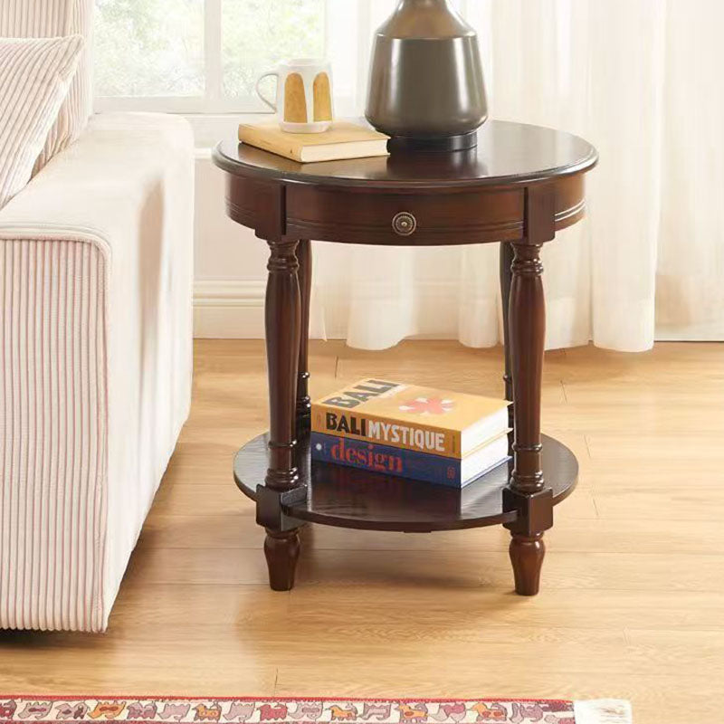 Traditional Chinese Round Solid Wood Solid Wood Multi-layer Board Side Table With 2-Tier Design And Single Drawer For Living Room &amp; Bedroom