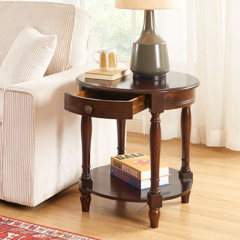 Traditional Chinese Round Solid Wood Solid Wood Multi-layer Board Side Table With 2-Tier Design And Single Drawer For Living Room &amp; Bedroom