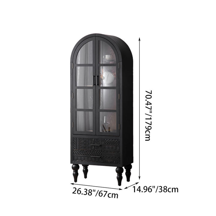 Contemporary Scandinavian Arched Pine Wood MDF Glass Storage Cabinet With 2-Drawer For Bedroom & Living Room