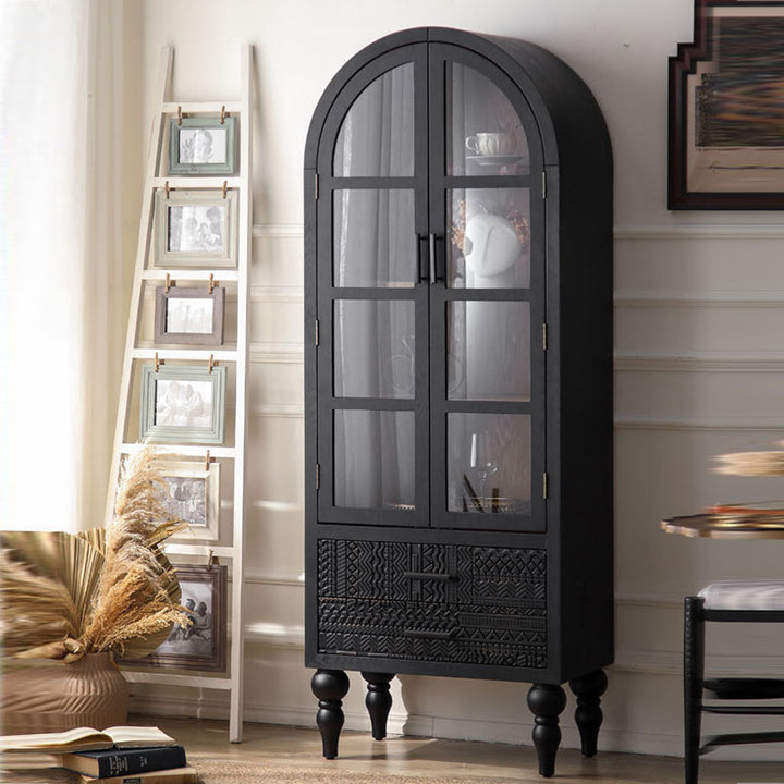 Contemporary Scandinavian Arched Pine Wood MDF Glass Storage Cabinet With 2-Drawer For Bedroom & Living Room