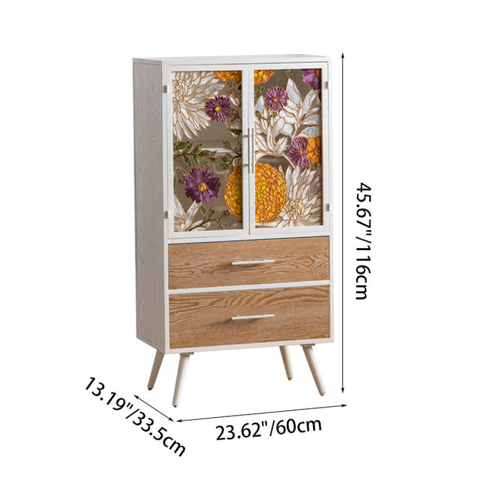 Armoire de rangement rectangulaire traditionnelle en pin français et MDF avec portes en verre émaillé, 2 tiroirs et 2 compartiments pour chambre et salon 