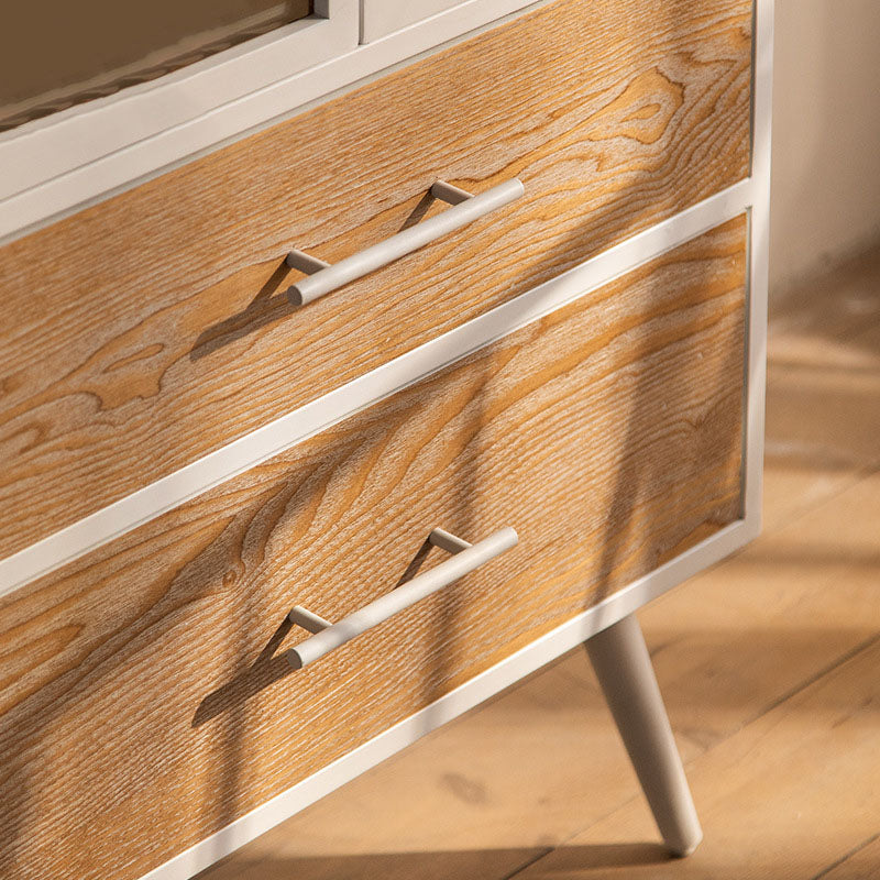 Armoire de rangement rectangulaire traditionnelle en pin français et MDF avec portes en verre émaillé, 2 tiroirs et 2 compartiments pour chambre et salon 