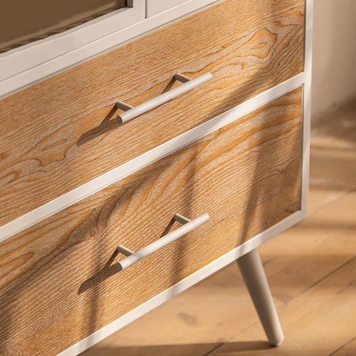 Armoire de rangement rectangulaire traditionnelle en pin français et MDF avec portes en verre émaillé, 2 tiroirs et 2 compartiments pour chambre et salon 