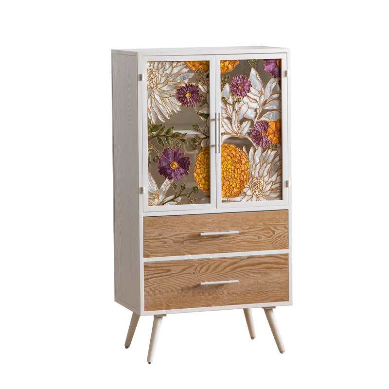Armoire de rangement rectangulaire traditionnelle en pin français et MDF avec portes en verre émaillé, 2 tiroirs et 2 compartiments pour chambre et salon 