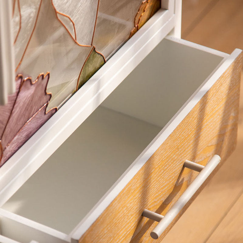 Armoire de rangement rectangulaire traditionnelle en pin français et MDF avec portes en verre émaillé, 2 tiroirs et 2 compartiments pour chambre et salon 