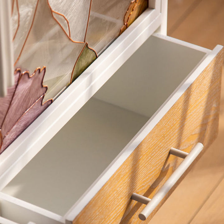 Armoire de rangement rectangulaire traditionnelle en pin français et MDF avec portes en verre émaillé, 2 tiroirs et 2 compartiments pour chambre et salon 