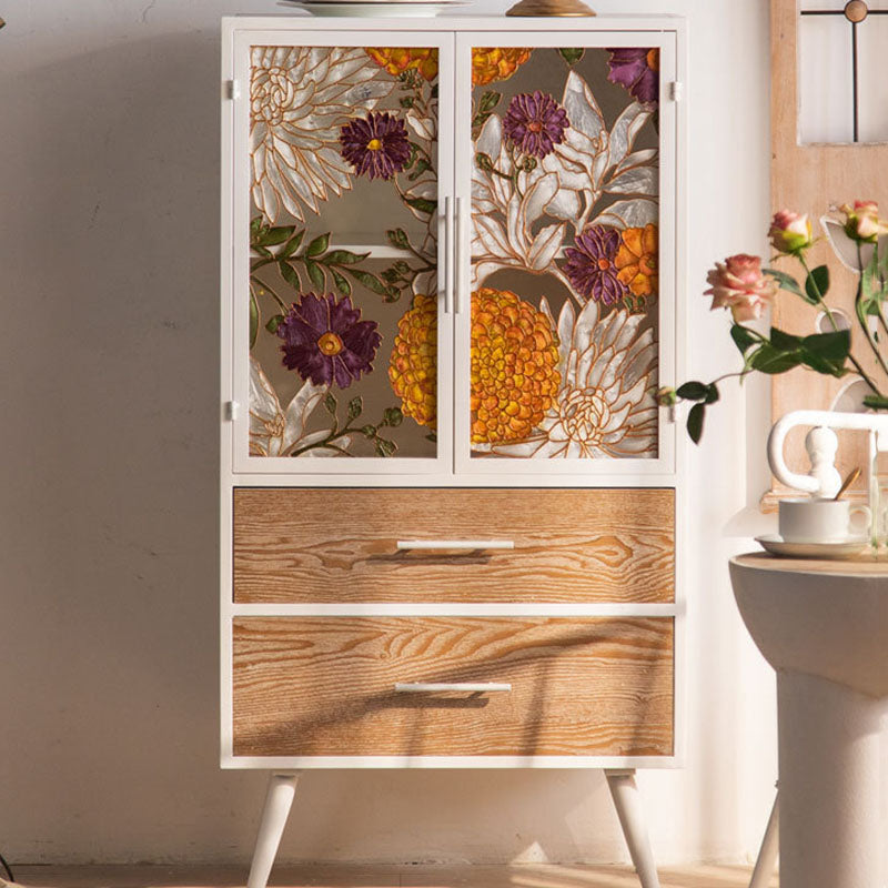 Armoire de rangement rectangulaire traditionnelle en pin français et MDF avec portes en verre émaillé, 2 tiroirs et 2 compartiments pour chambre et salon 