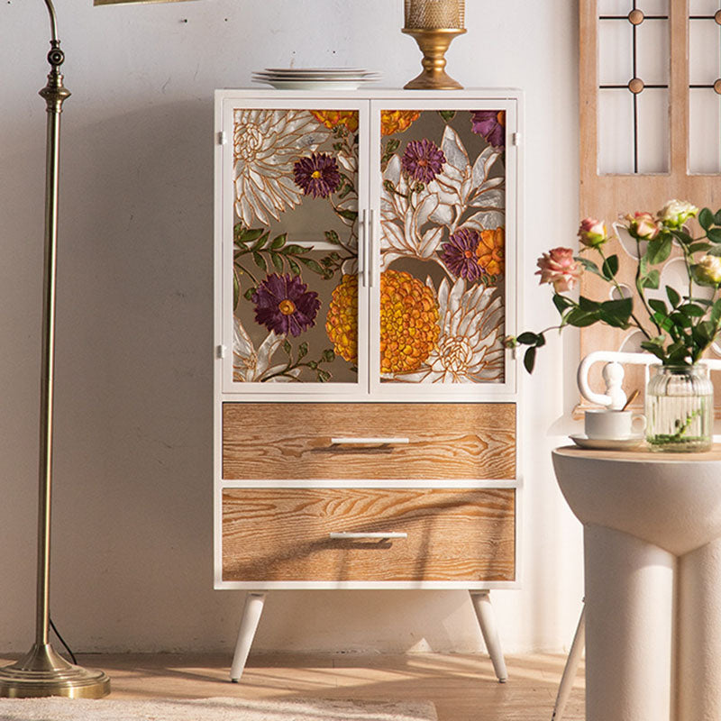 Armoire de rangement rectangulaire traditionnelle en pin français et MDF avec portes en verre émaillé, 2 tiroirs et 2 compartiments pour chambre et salon 
