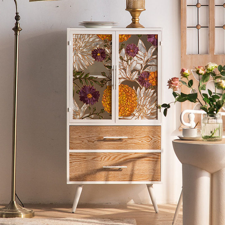 Armoire de rangement rectangulaire traditionnelle en pin français et MDF avec portes en verre émaillé, 2 tiroirs et 2 compartiments pour chambre et salon 