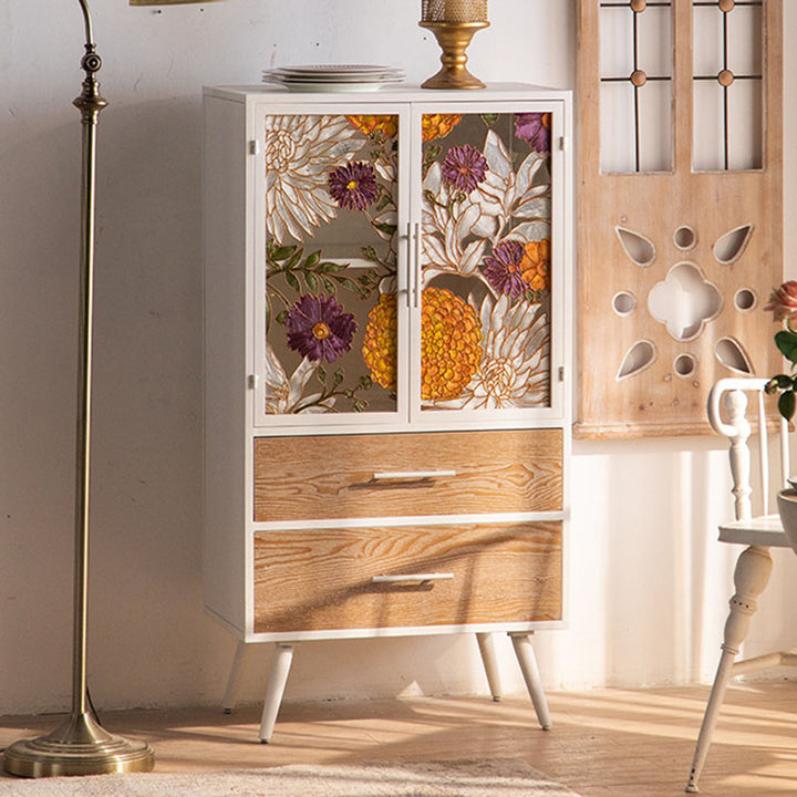 Armoire de rangement rectangulaire traditionnelle en pin français et MDF avec portes en verre émaillé, 2 tiroirs et 2 compartiments pour chambre et salon 